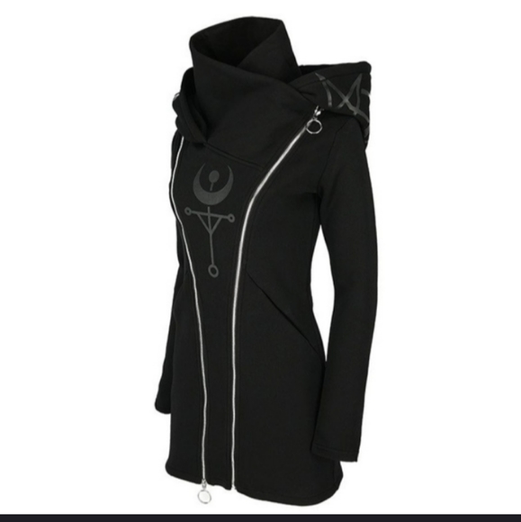 2XHP! NWT Goth Occult Moon Black Hooded Jacket! - Picture 5 of 8